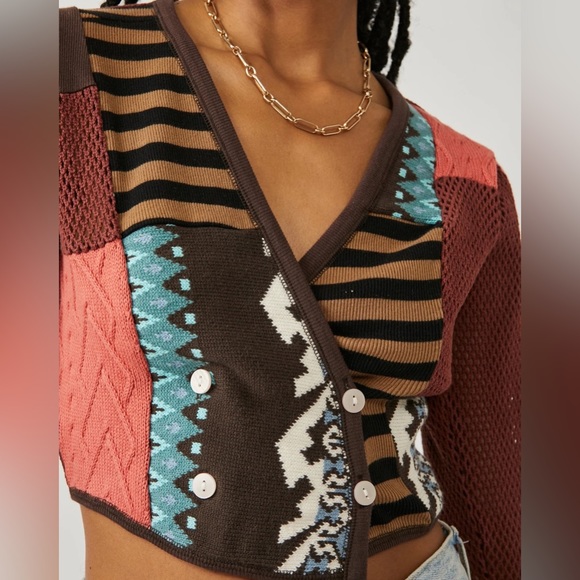 NWT Free People Pieces Of Me Brown Patchwork Crop Button Down Cardigan Top Large - Picture 6 of 8